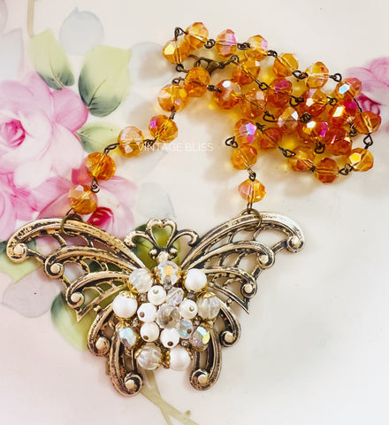 Large Boho Butterfly Filigree Necklace Amber