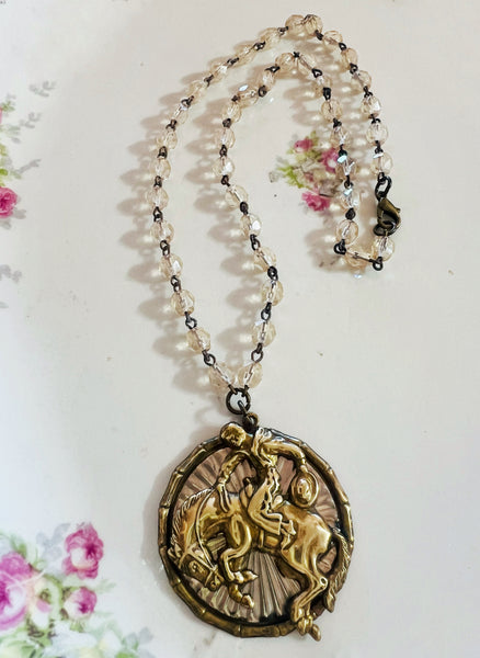 Necklace with a decorative pendant on a floral background