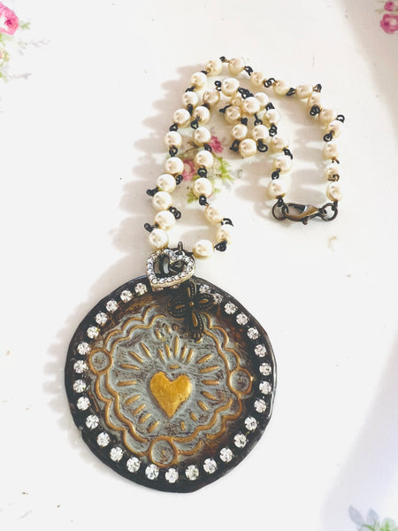 Sacred Heart Medallion Pearl Beaded Chain Necklace