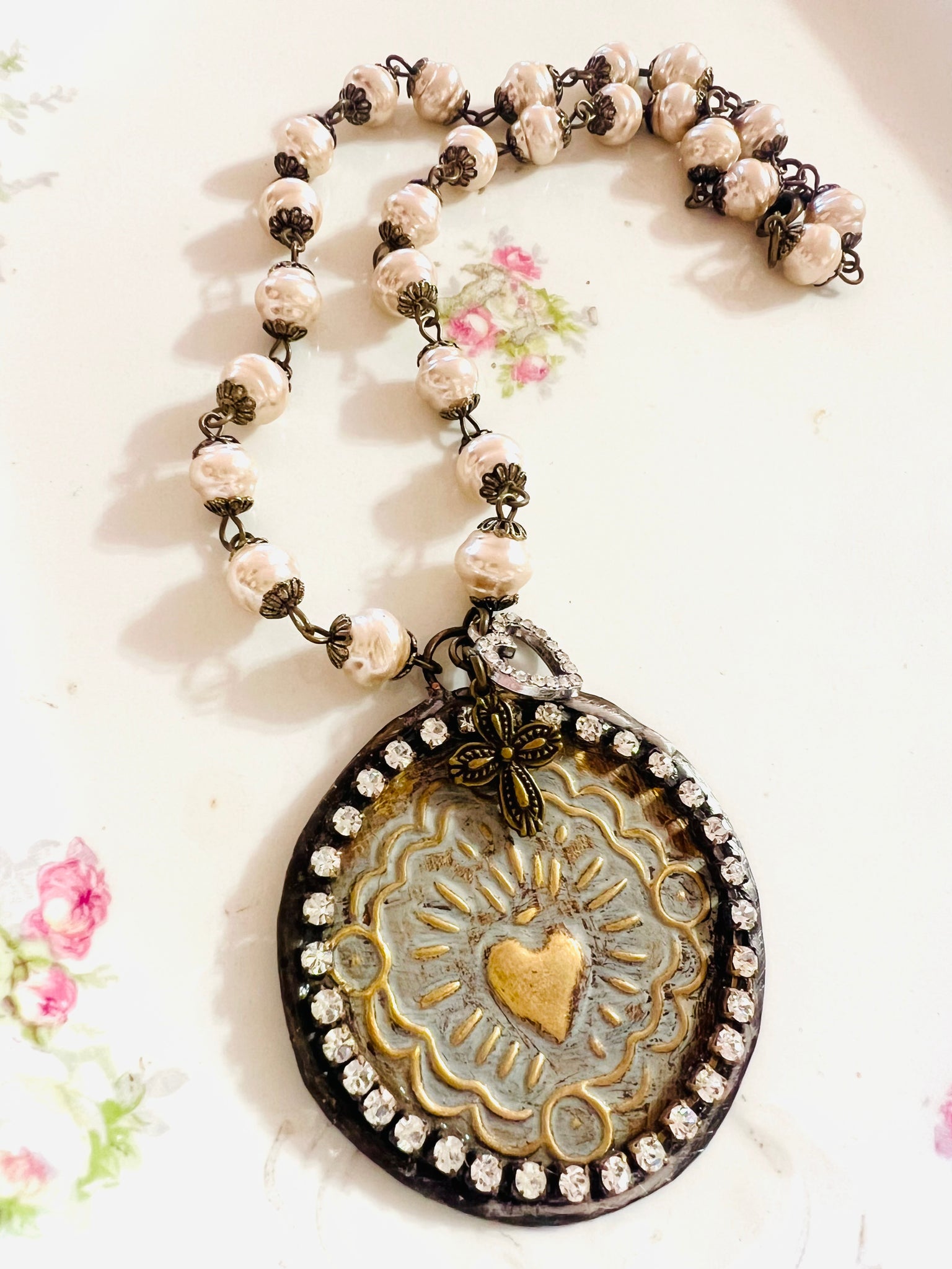 Sacred Heart Medallion Pearl Beaded Chain Necklace