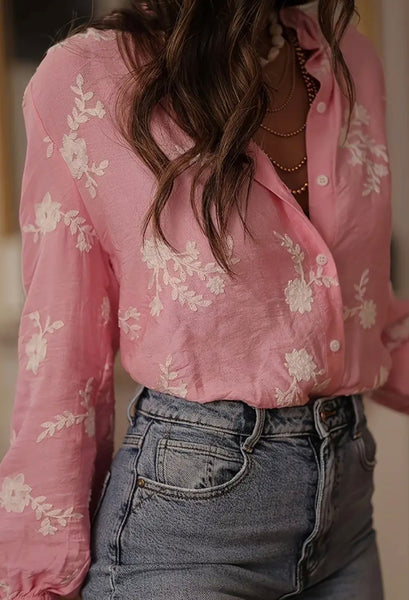 Pink Embroidery Ruffle Button Up Blouse