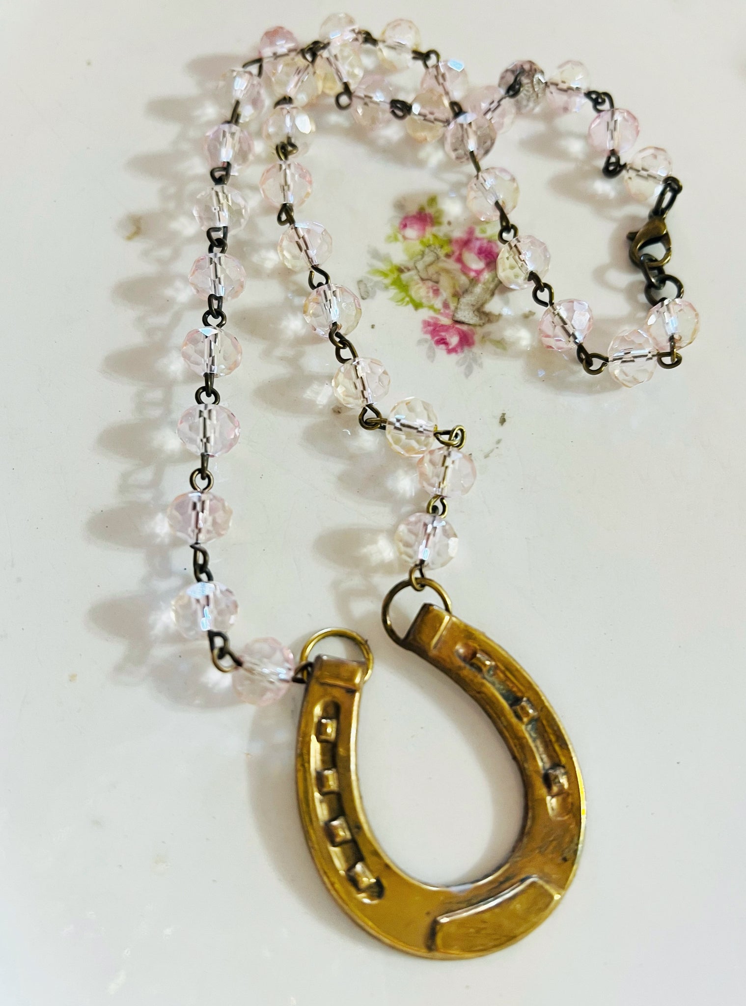 Pretty Pink Beaded Chain Horseshoe Necklace