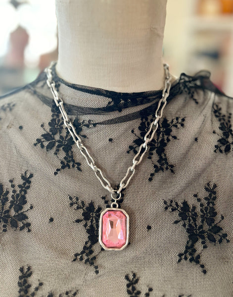 Pink Crystal Silver Chain Necklace