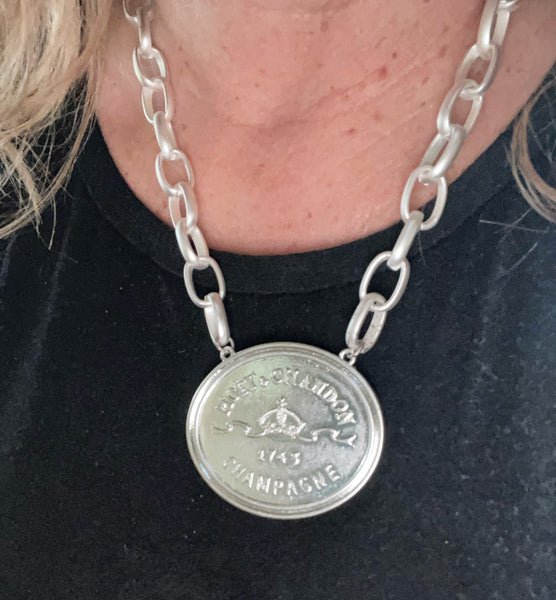 Moet Champagne Medallion Chain Necklace Silver