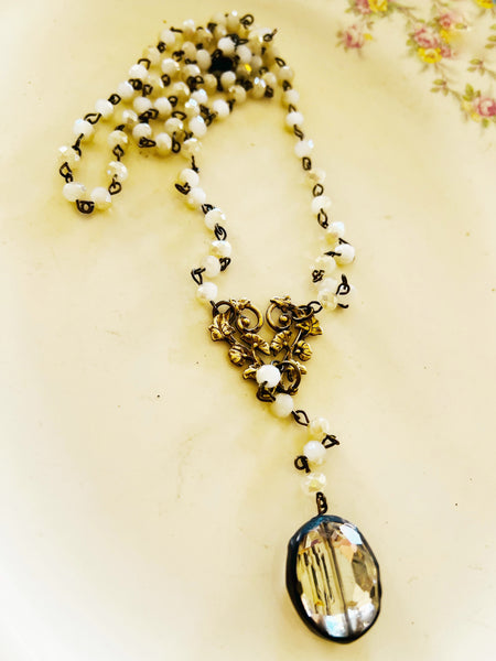 Soldered Metallic Crystal Drop Rosary Style Necklace