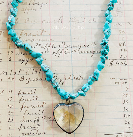 Soldered Crystal Heart Necklace Turquoise Chain