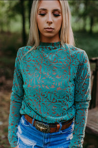 Turquoise Velvet Tooled Leather Look mesh top