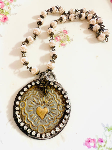 Sacred Heart Medallion Pearl Beaded Chain Necklace