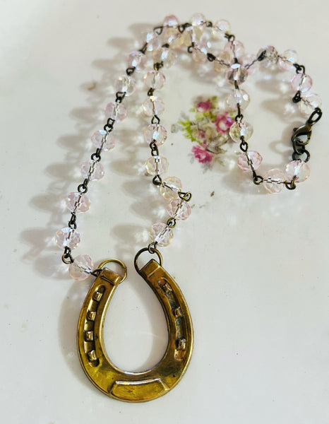 Pretty Pink Beaded Chain Horseshoe Necklace