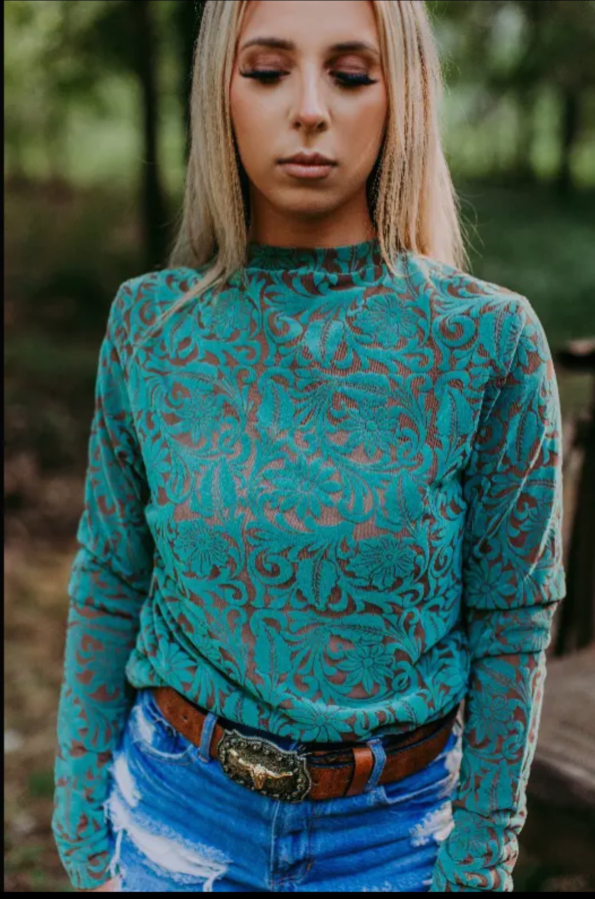 Turquoise Tooled Leather Mesh Velvet Top