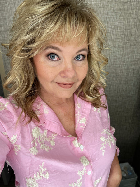 Pink Embroidery Ruffle Button Up Blouse