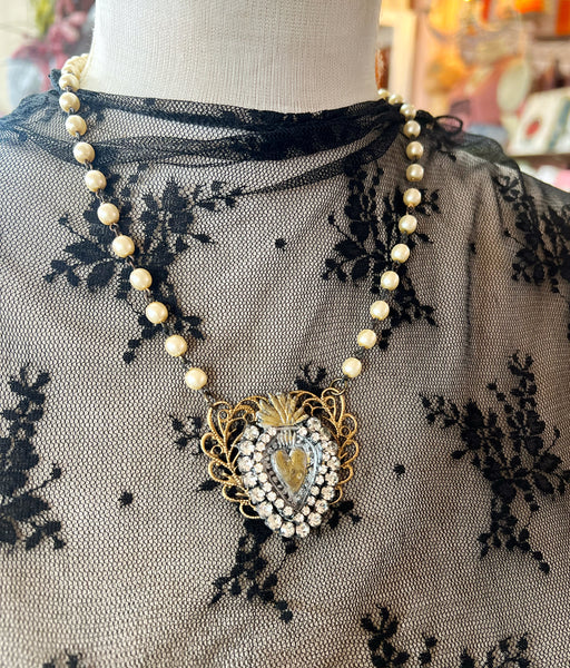 Sacred Heart Brass Patina Filigree Necklace