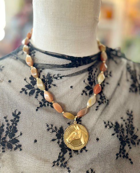 Beaded Chain Brass Patina Horse Medallion Necklace