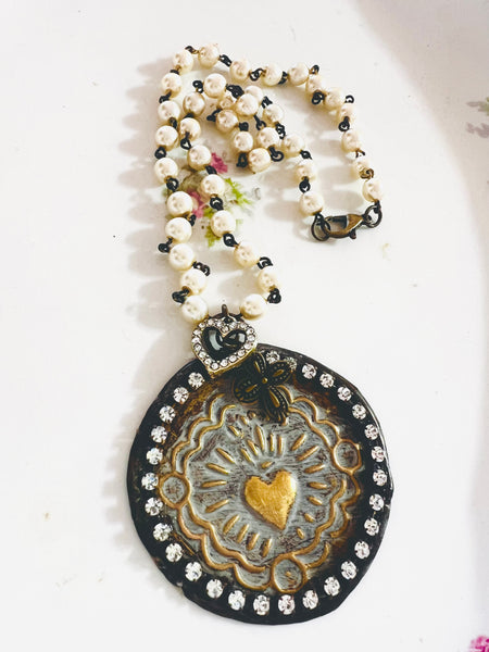 Sacred Heart Medallion Pearl Beaded Chain Necklace