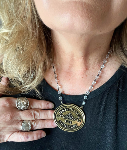 Moet Champagne Medallion Chain Necklace Antique Bronze