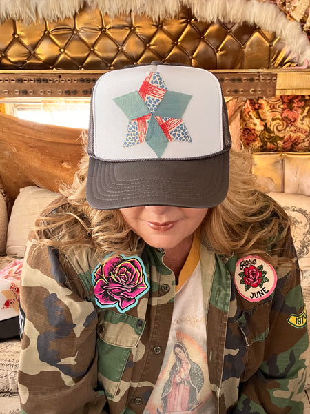 Granny Approved Quilt Star Trucker Hat Grey
