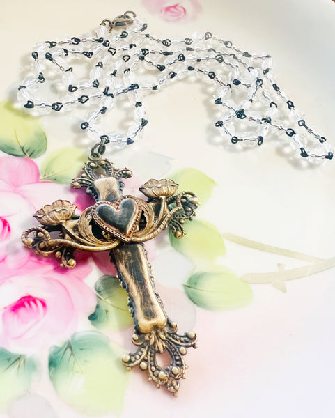 Brass Patina Heart Floral Filigree Cross Necklace