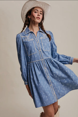 Embroidered Western Floral Shirt Dress