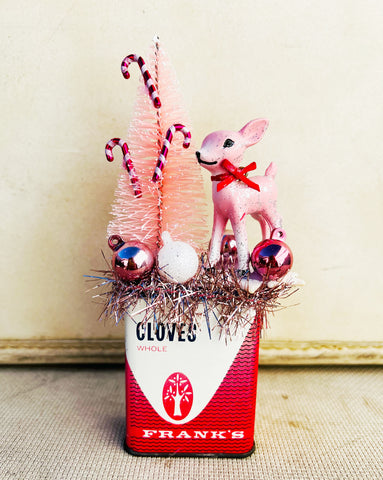 Pink Christmas Tree Reindeer Tin Decor