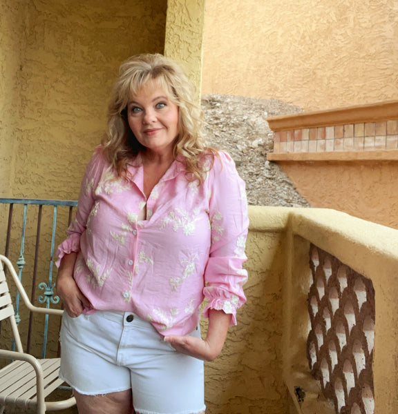 Pink Embroidery Ruffle Button Up Blouse