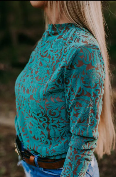 Turquoise Tooled Leather Mesh Velvet Top