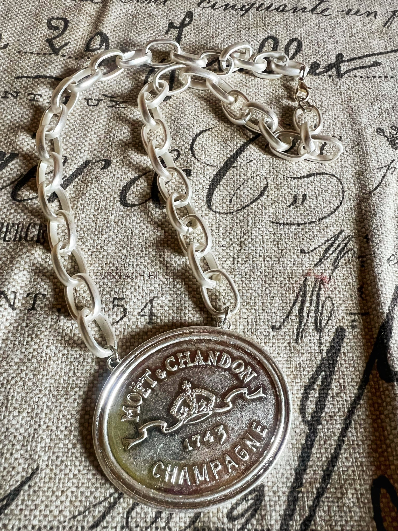 Moet Champagne Medallion Chain Necklace Silver