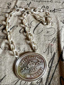 Moet Champagne Medallion Chain Necklace Silver