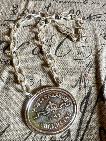 Moet Champagne Medallion Chain Necklace Silver