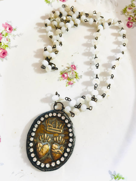 Sacred Heart Medallion Beaded Chain Necklace