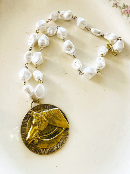 Horse Head with Reins Polished Brass Necklace