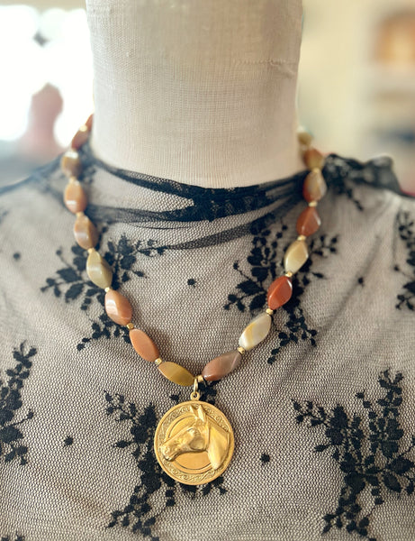 Beaded Chain Brass Patina Horse Medallion Necklace