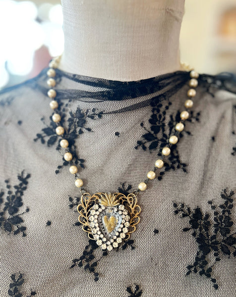 Sacred Heart Brass Patina Filigree Necklace
