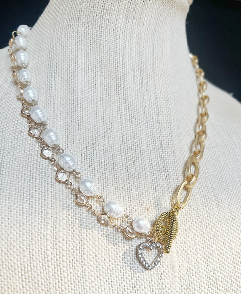 Gold Link and Pearl Beaded Chain Necklace