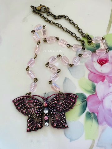 Pink Boho Butterfly Filigree Necklace