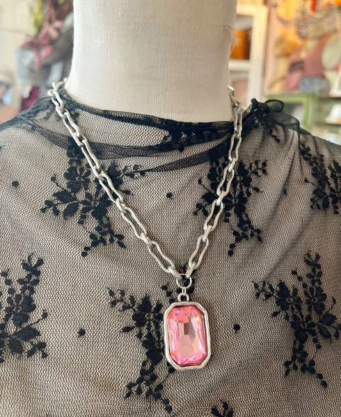 Pink Crystal Silver Chain Necklace