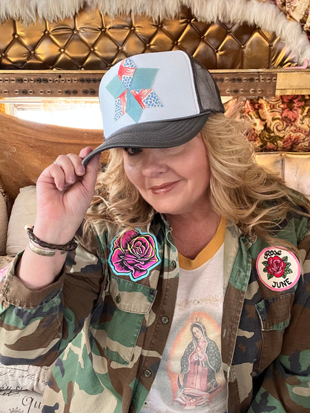 Granny Approved Quilt Star Trucker Hat Grey