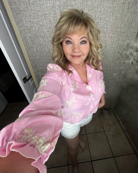 Pink Embroidery Ruffle Button Up Blouse