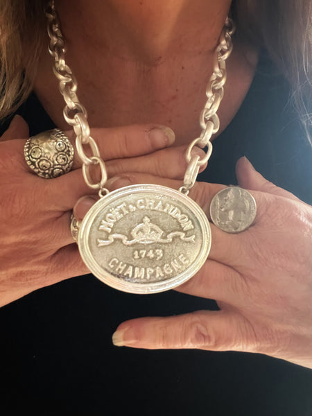 Moet Champagne Medallion Chain Necklace Silver