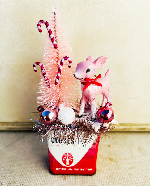 Pink Christmas Tree Reindeer Tin Decor