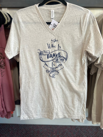 She Who Is Brave Off White VNeck Tshirt