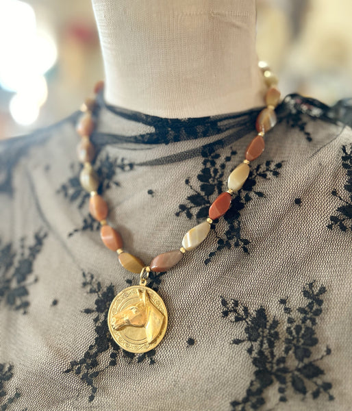 Beaded Chain Brass Patina Horse Medallion Necklace