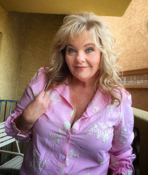 Pink Embroidery Ruffle Button Up Blouse