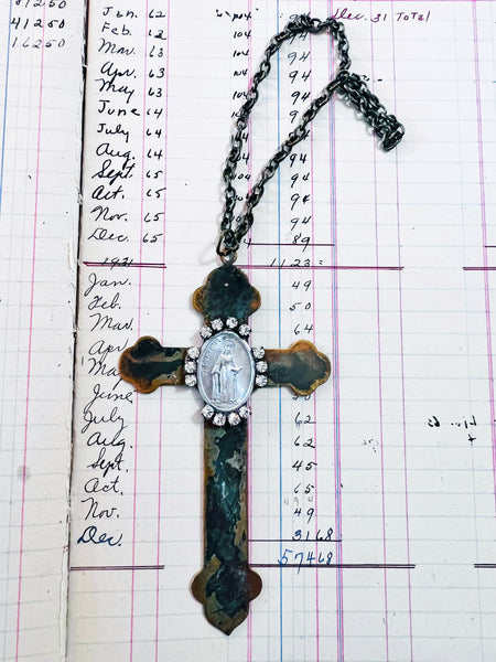 Brass Patina Religious Medallion Cross Ornament