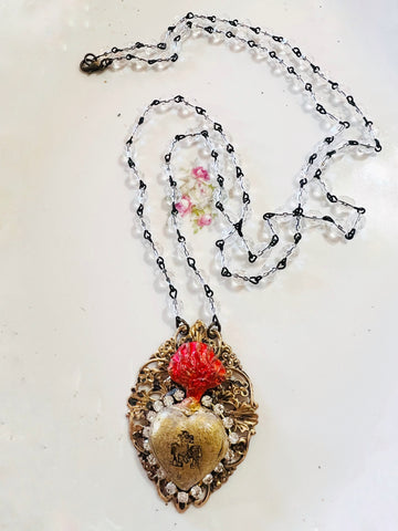Sacred Heart Crystal Beaded Chain Necklace