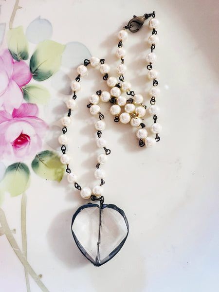 Soldered Crystal Heart Necklace Pearl Chain