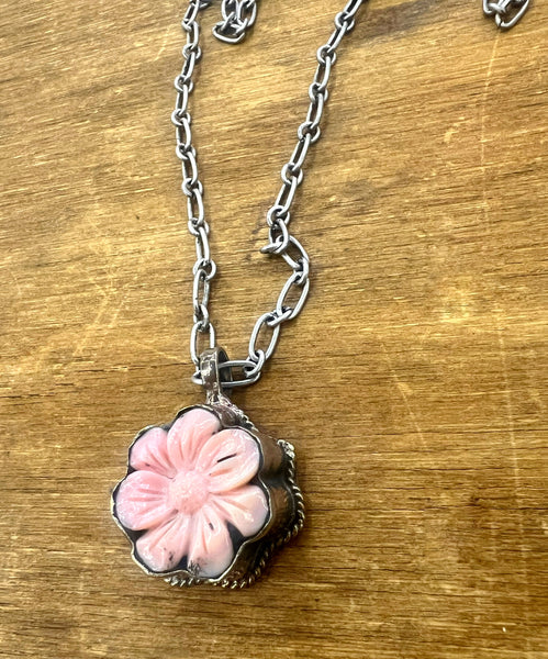 Pink Tibetan Silver Flower Necklace