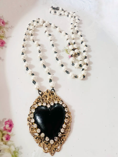 My Black Heart Filigree Necklace Beaded Chain