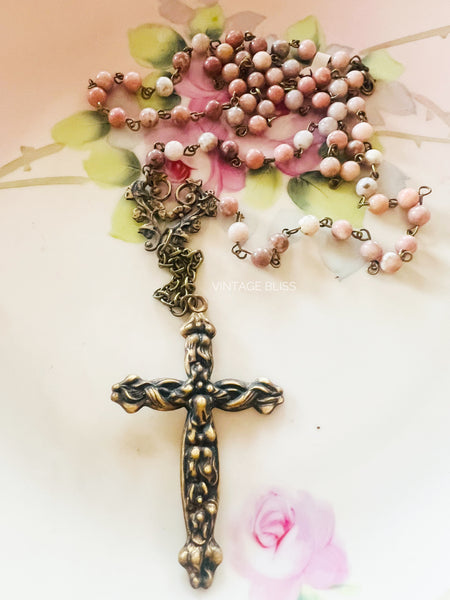 Brass Patina Rosary Style Cross Necklace