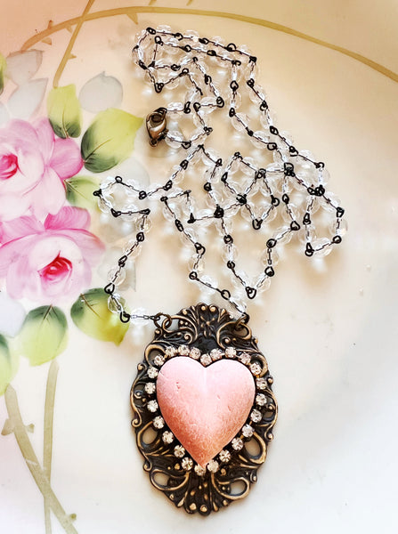 Pink Clay Heart Necklace Long