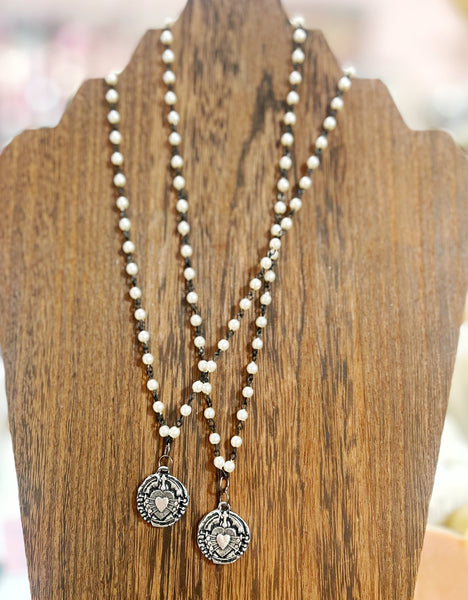 Sacred Heart Medallion Pearl Chain Necklace